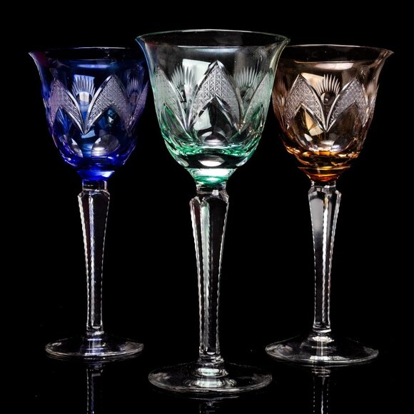 Crystal Wine Glasses | Cut to Clear | Amber, Cobalt, Aquamarine. Mid Century Bar - Picture 1 of 11